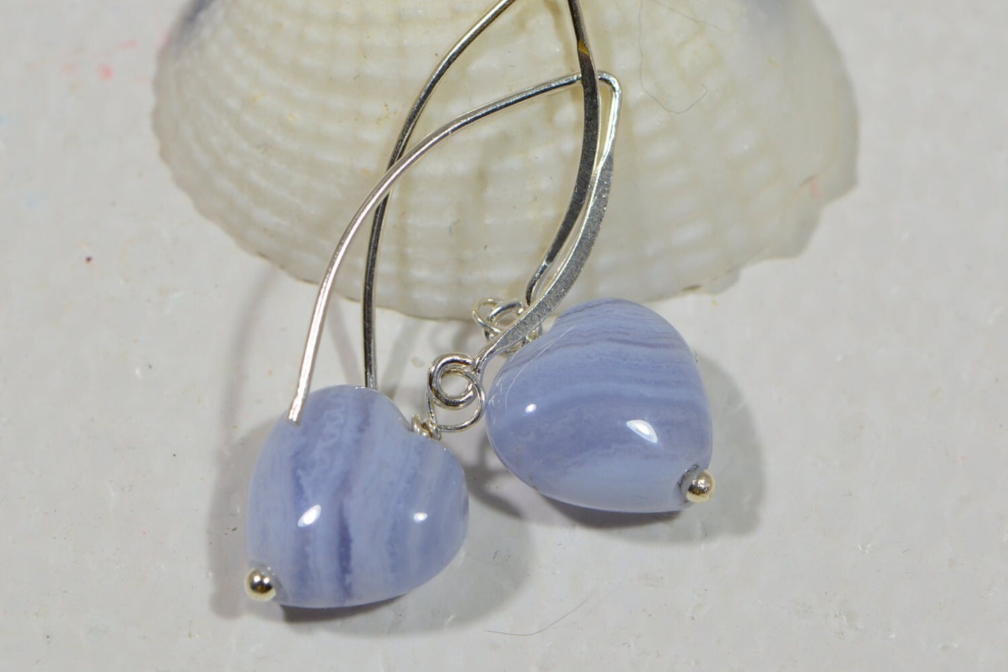 Blue Agate Heart Earrings, Sterling Silver Dangle Earrings