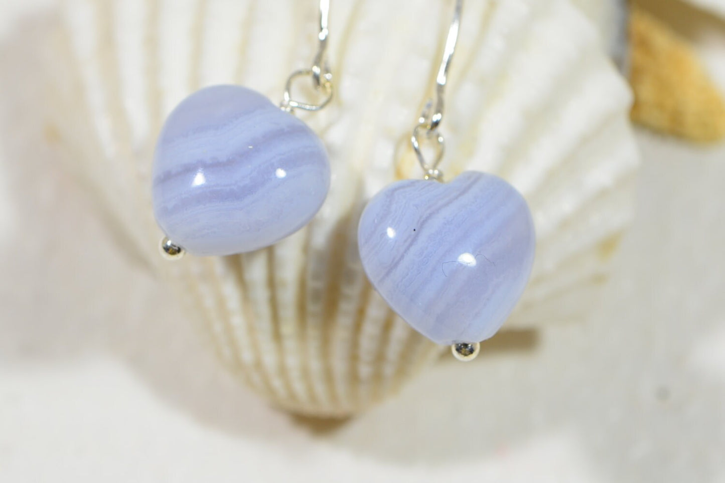 Blue Agate Heart Earrings, Sterling Silver Dangle Earrings