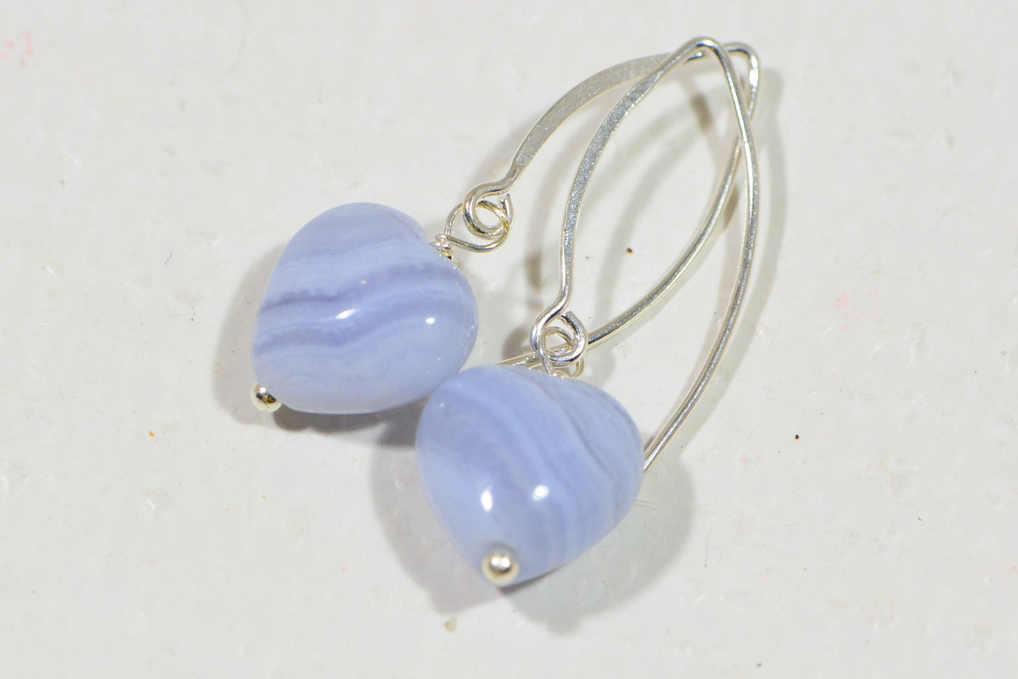 Blue Agate Heart Earrings, Sterling Silver Dangle Earrings