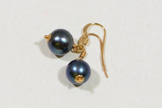 14K Gold Filled Black Pearl Earrings, AAA Round Pearl, July Birthstone