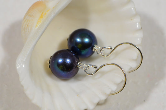AAA Black Pearl Sterling Silver Earrings, 10mm Round Gemstone Jewelry