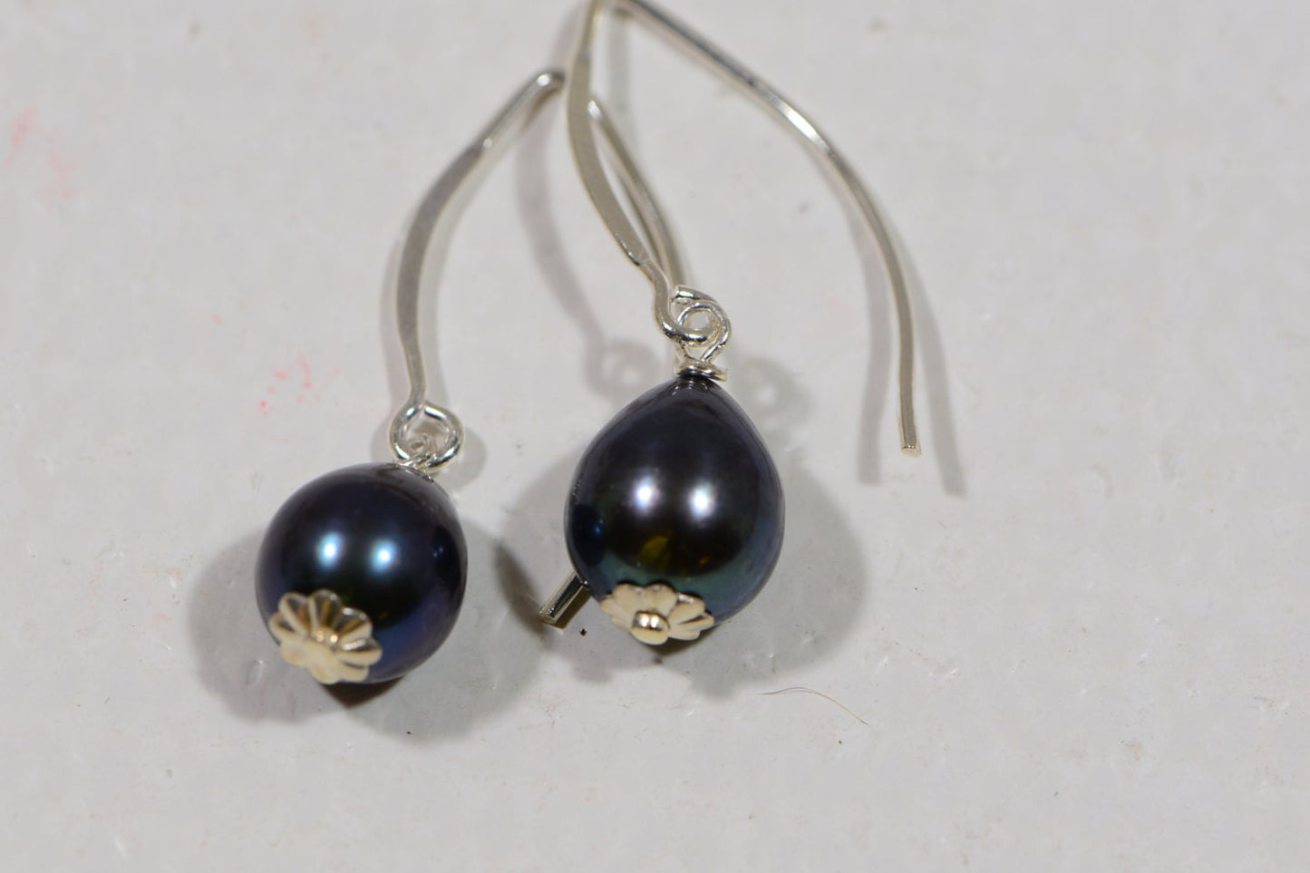 Baroque Black Pearl Drop Earrings, Sterling Silver Wire Wrapped