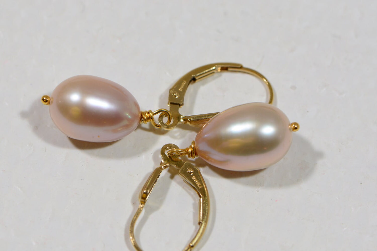 Peach Pearl Drop Earrings, 14k Gold Filled Wire Wrapped Leverbacks