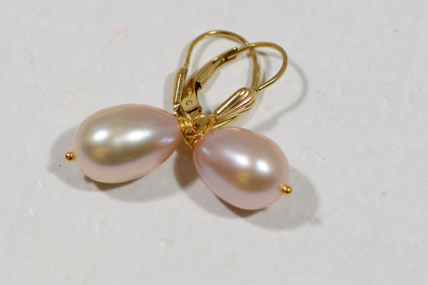 Peach Pearl Drop Earrings, 14k Gold Filled Wire Wrapped Leverbacks