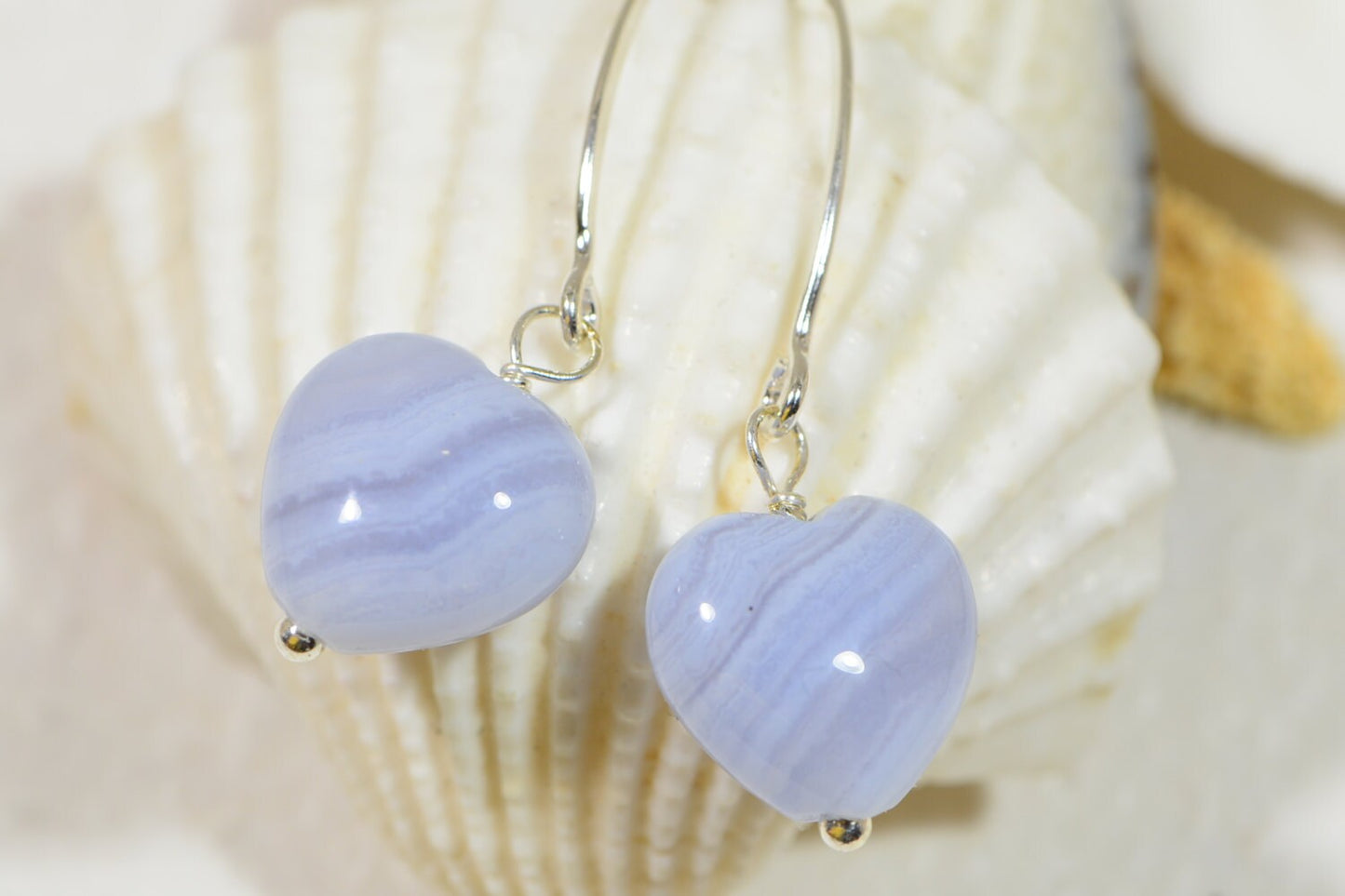 Blue Agate Heart Earrings, Sterling Silver Dangle Earrings