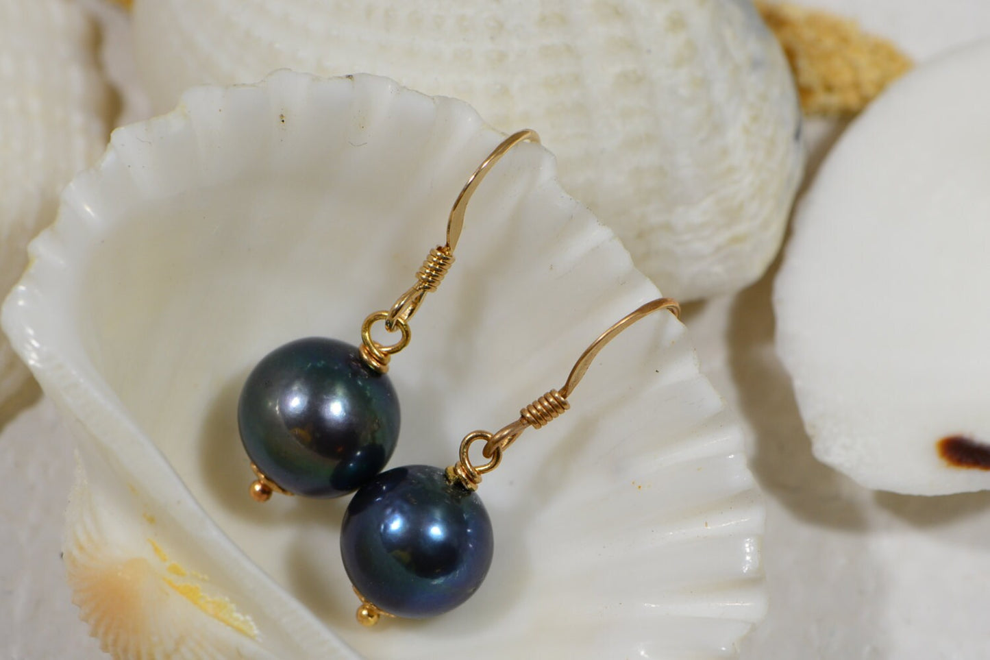 14K Gold Filled Black Pearl Earrings, AAA Round Pearl, July Birthstone
