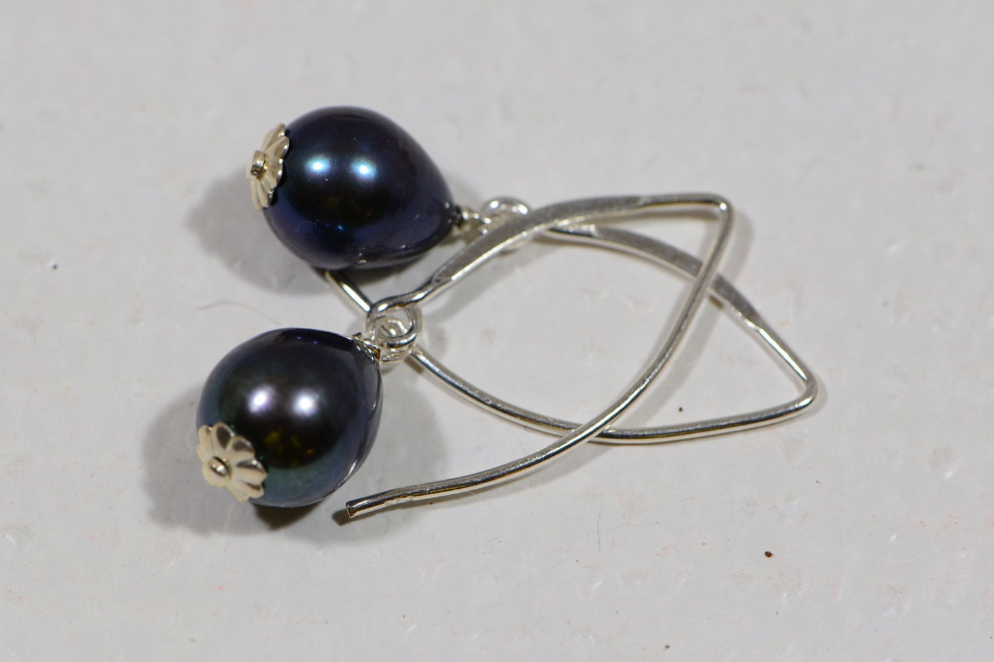Baroque Black Pearl Drop Earrings, Sterling Silver Wire Wrapped
