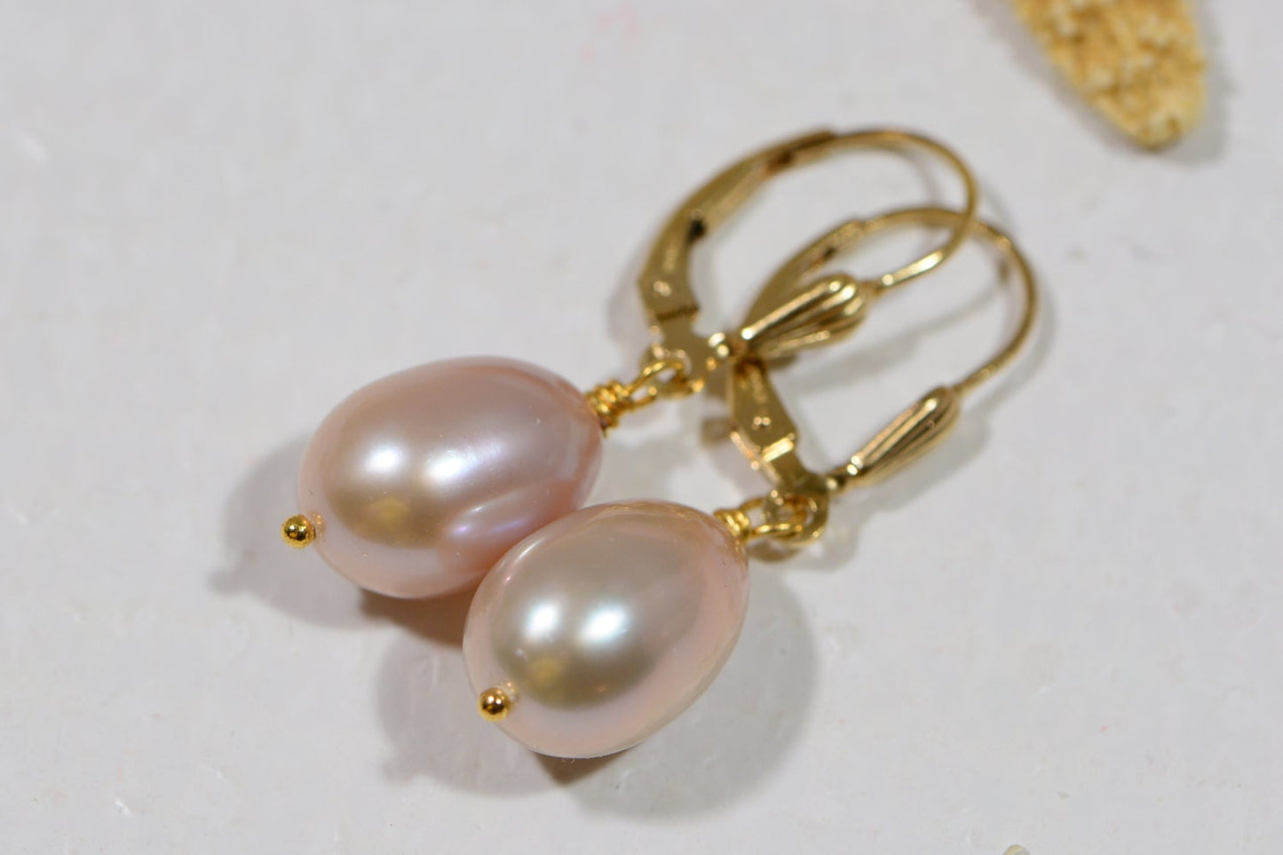 Peach Pearl Drop Earrings, 14k Gold Filled Wire Wrapped Leverbacks