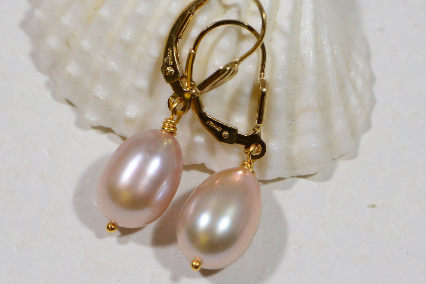 Peach Pearl Drop Earrings, 14k Gold Filled Wire Wrapped Leverbacks