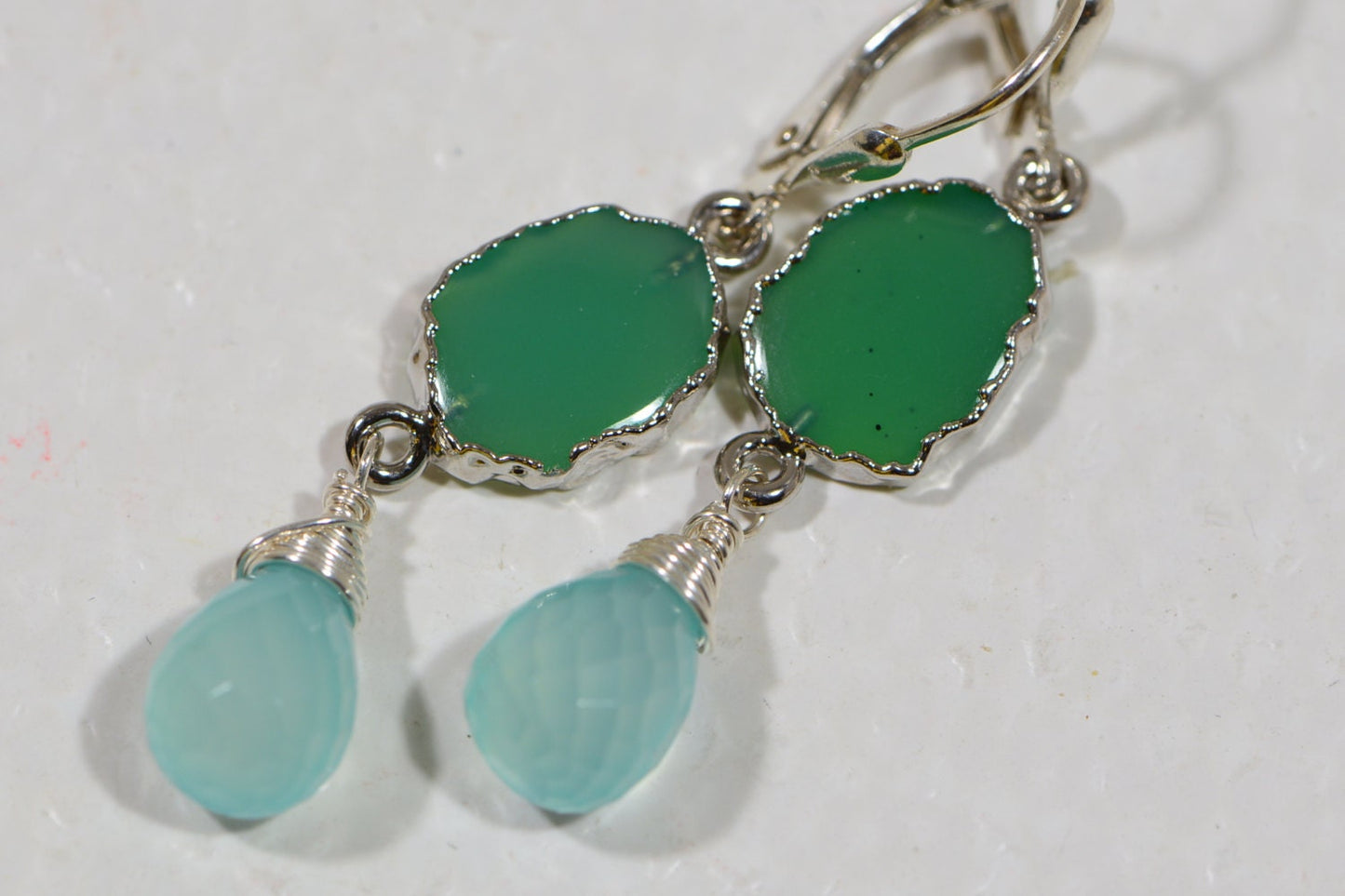 Chrysoprase Earrings: Sterling Silver Wire Wrapped Dangle Chalcedony