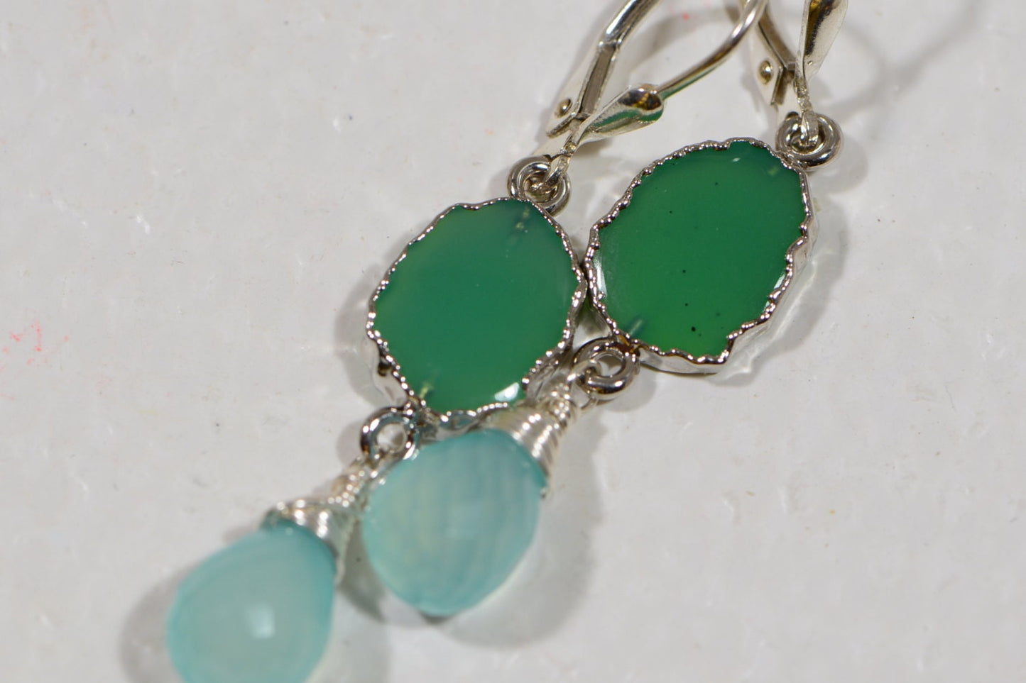 Chrysoprase Earrings: Sterling Silver Wire Wrapped Dangle Chalcedony