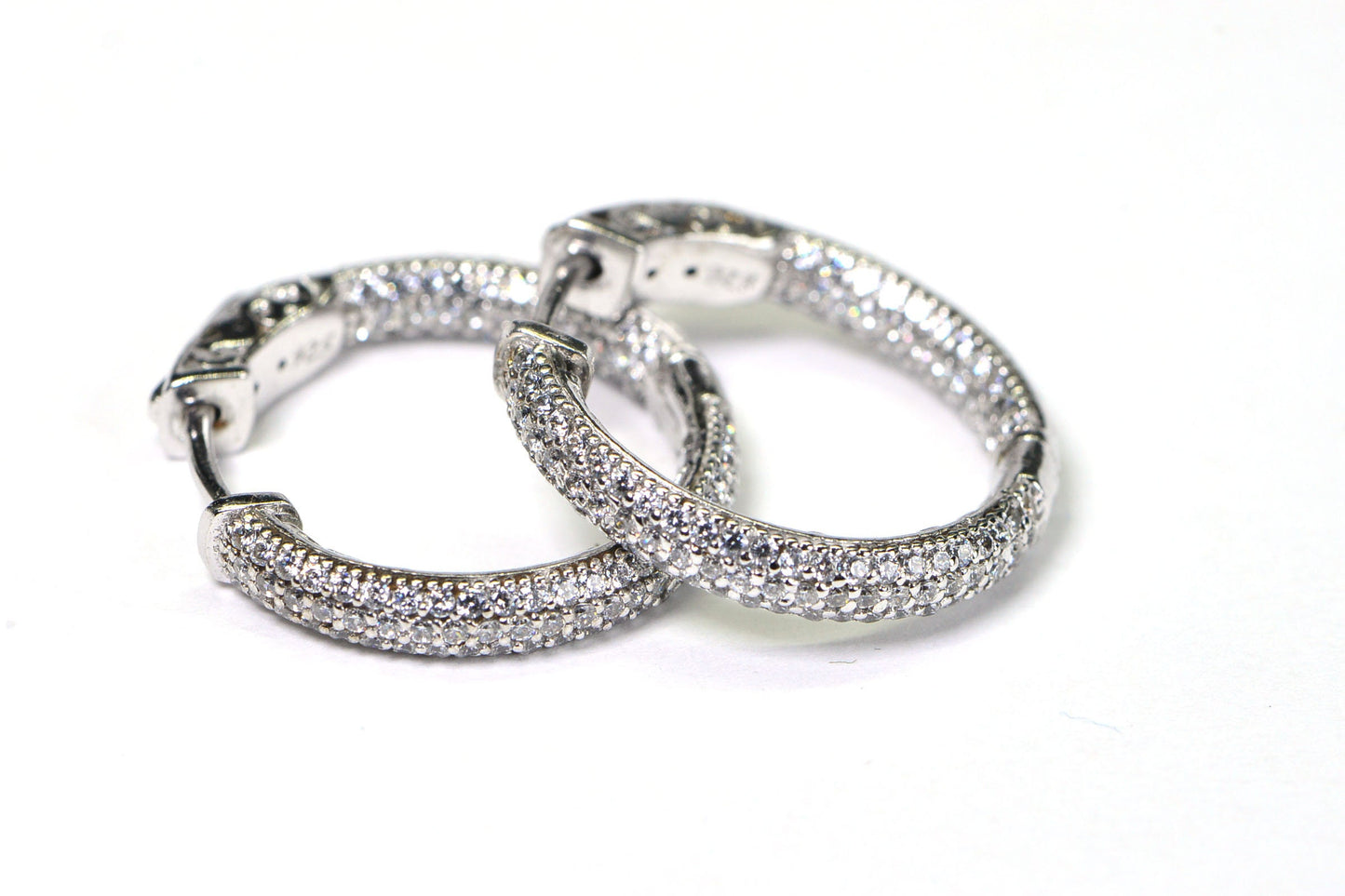 Simulated Diamond Hoop Earrings Sterling Silver  Hinge Hoops Wedding Earrings