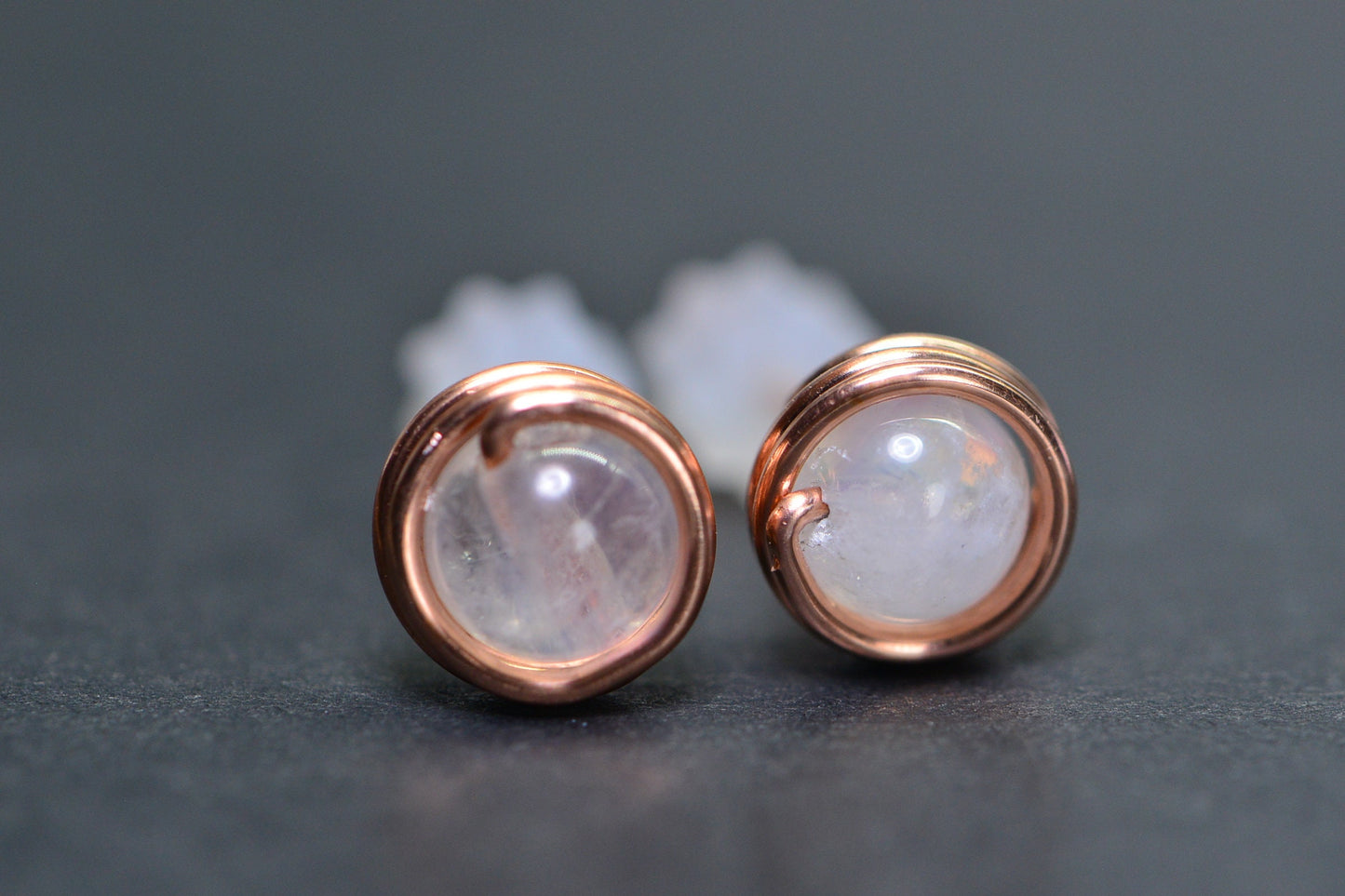 Handmade Copper Wire Wrapped Moonstone Stud Earrings (6mm)