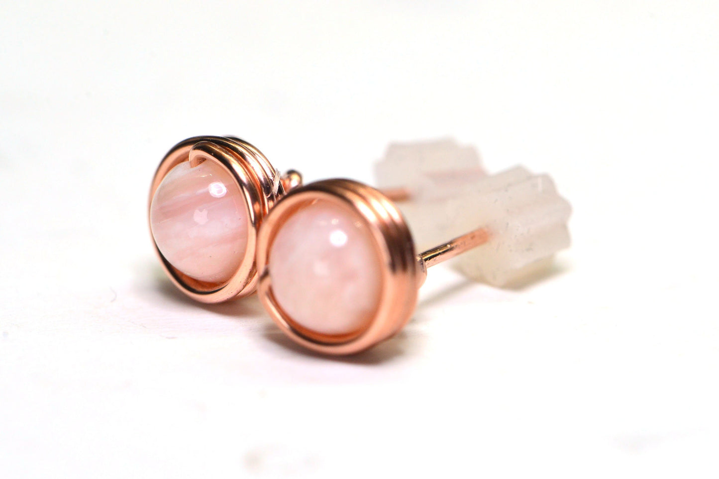 Handmade Copper Wire Wrapped Stud Earrings: Pink Opal (6mm)