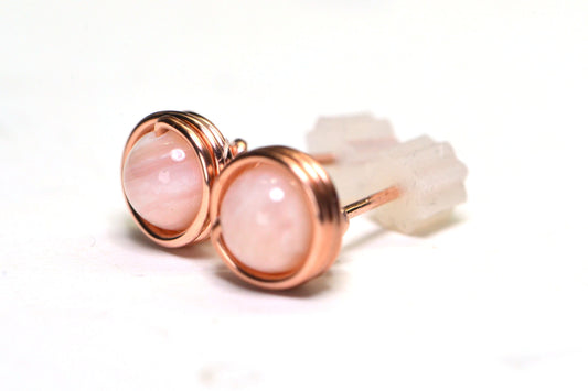 Handmade Copper Wire Wrapped Stud Earrings: Pink Opal (6mm)