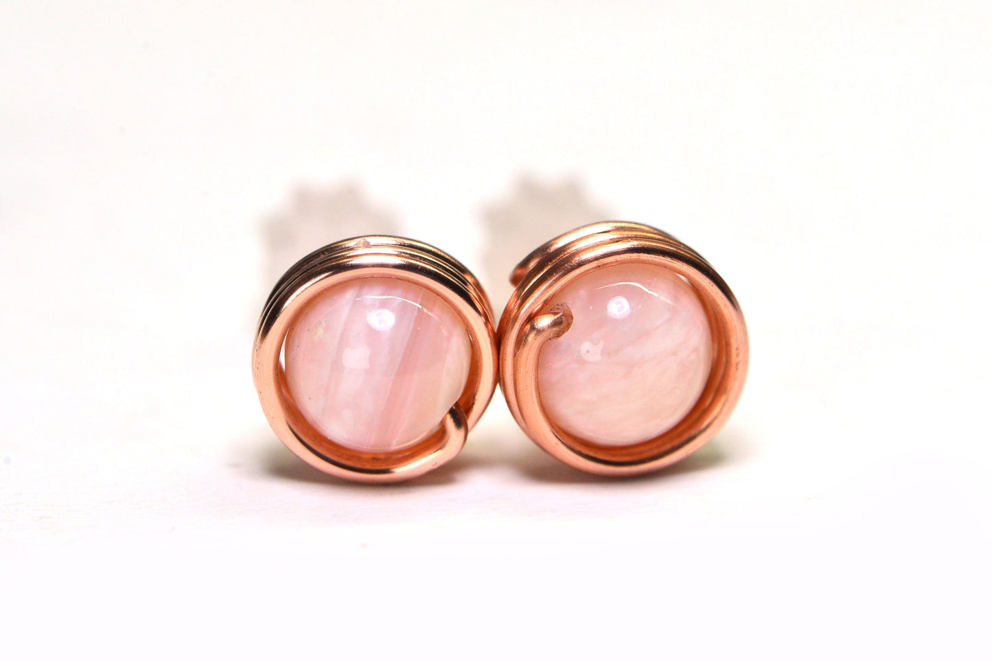 Handmade Copper Wire Wrapped Stud Earrings: Pink Opal (6mm)