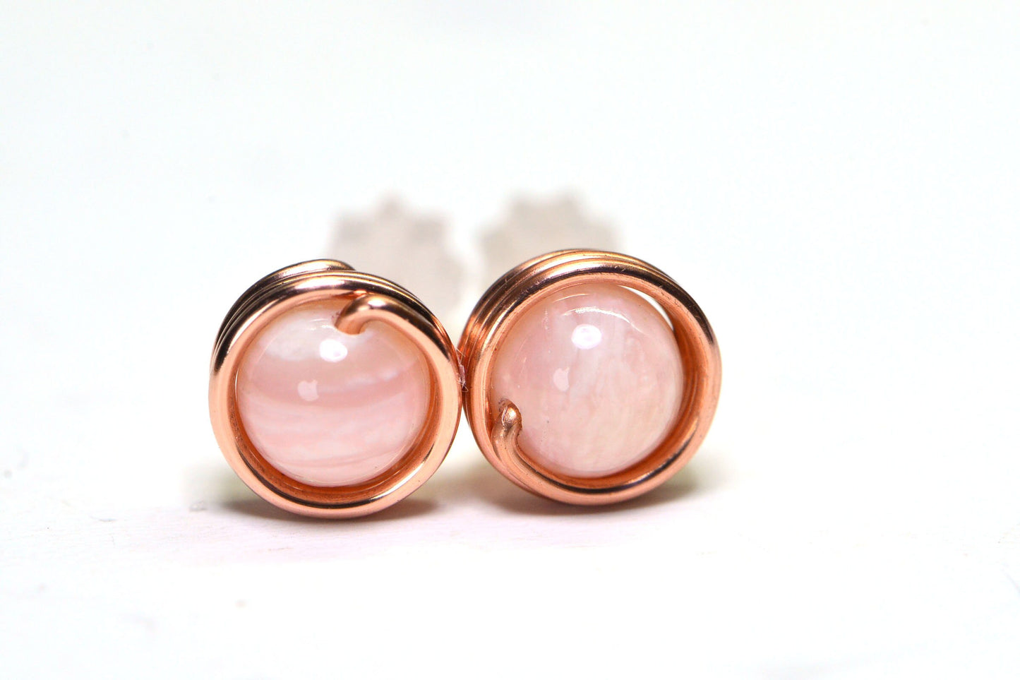 Handmade Copper Wire Wrapped Stud Earrings: Pink Opal (6mm)