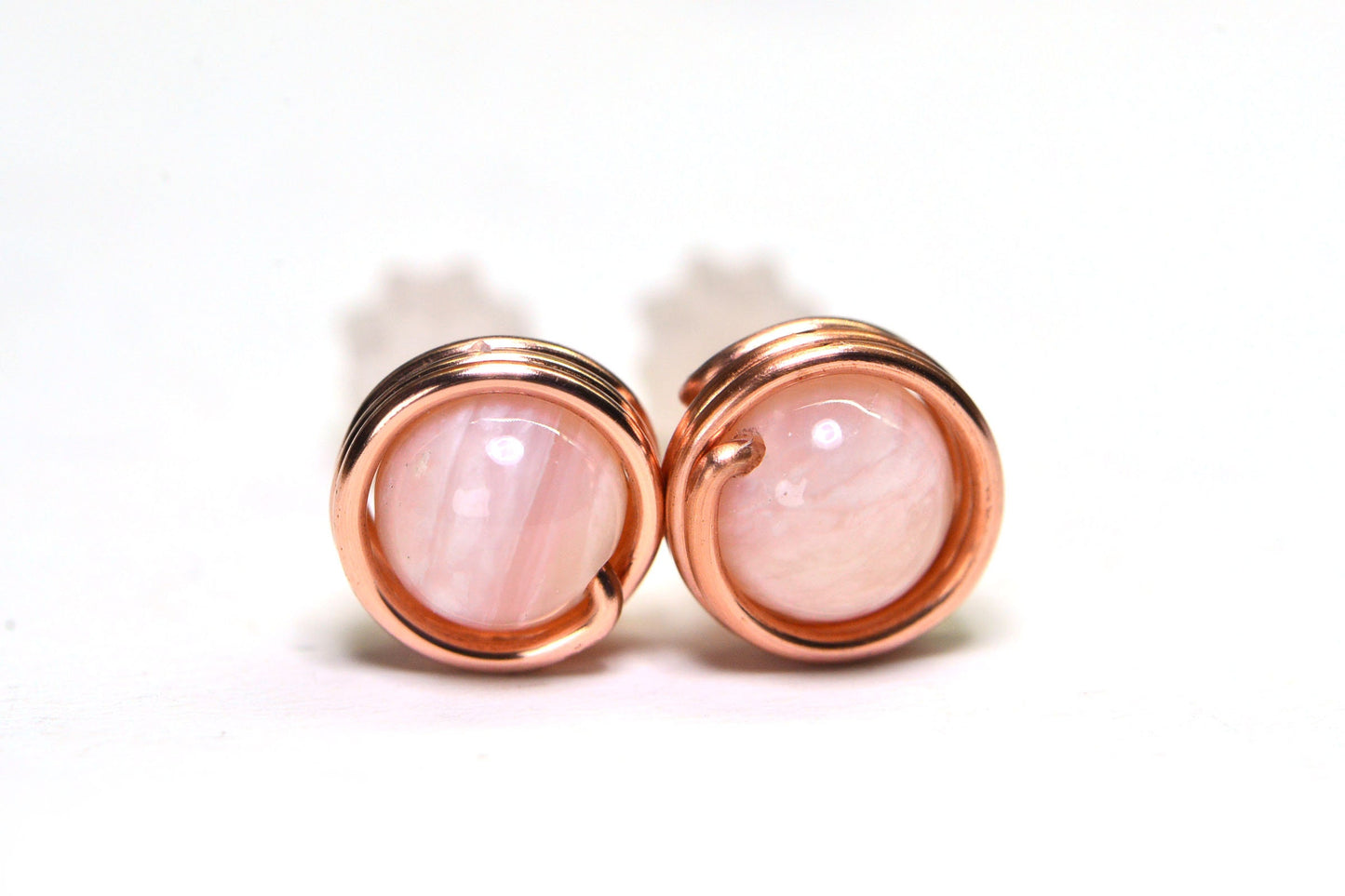 Handmade Copper Wire Wrapped Stud Earrings: Pink Opal (6mm)