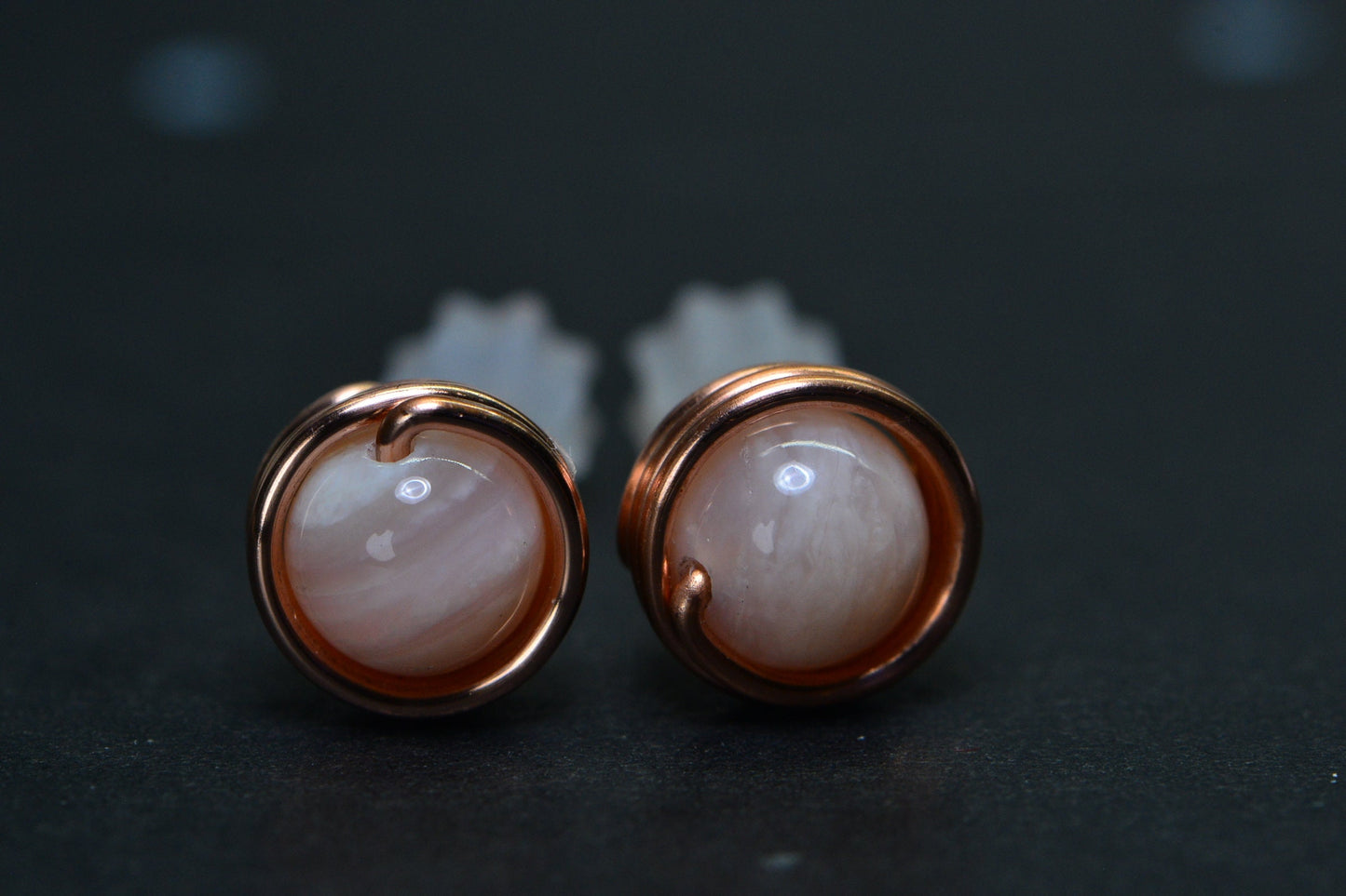 Handmade Copper Wire Wrapped Stud Earrings: Pink Opal (6mm)