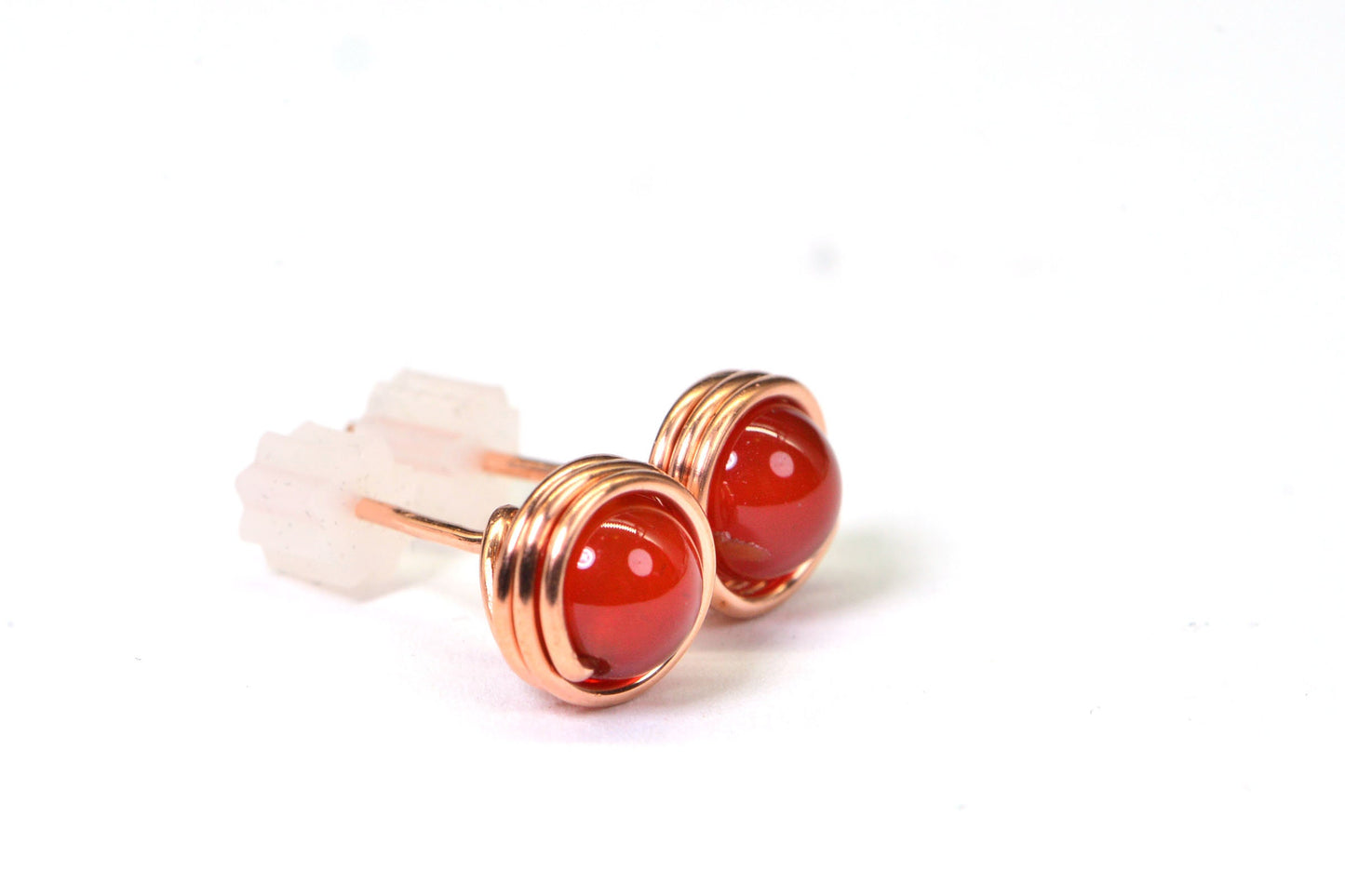 Handmade Carnelian Stud Earrings: Copper Wire Wrapped, 6mm Gemstone