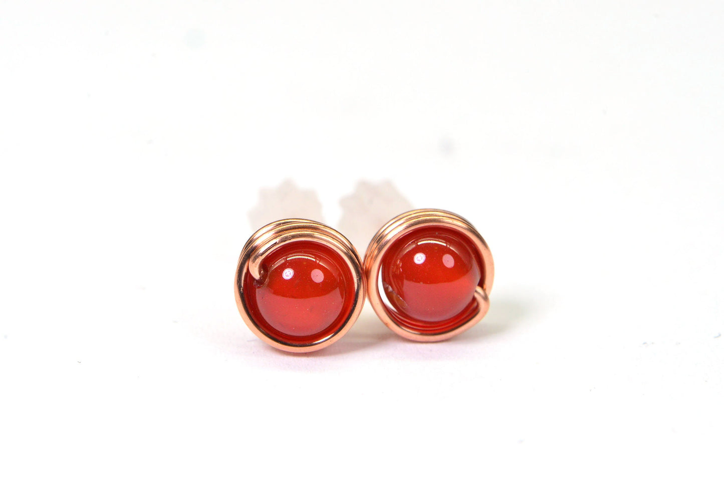 Handmade Carnelian Stud Earrings: Copper Wire Wrapped, 6mm Gemstone