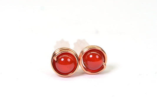 Handmade Carnelian Stud Earrings: Copper Wire Wrapped, 6mm Gemstone
