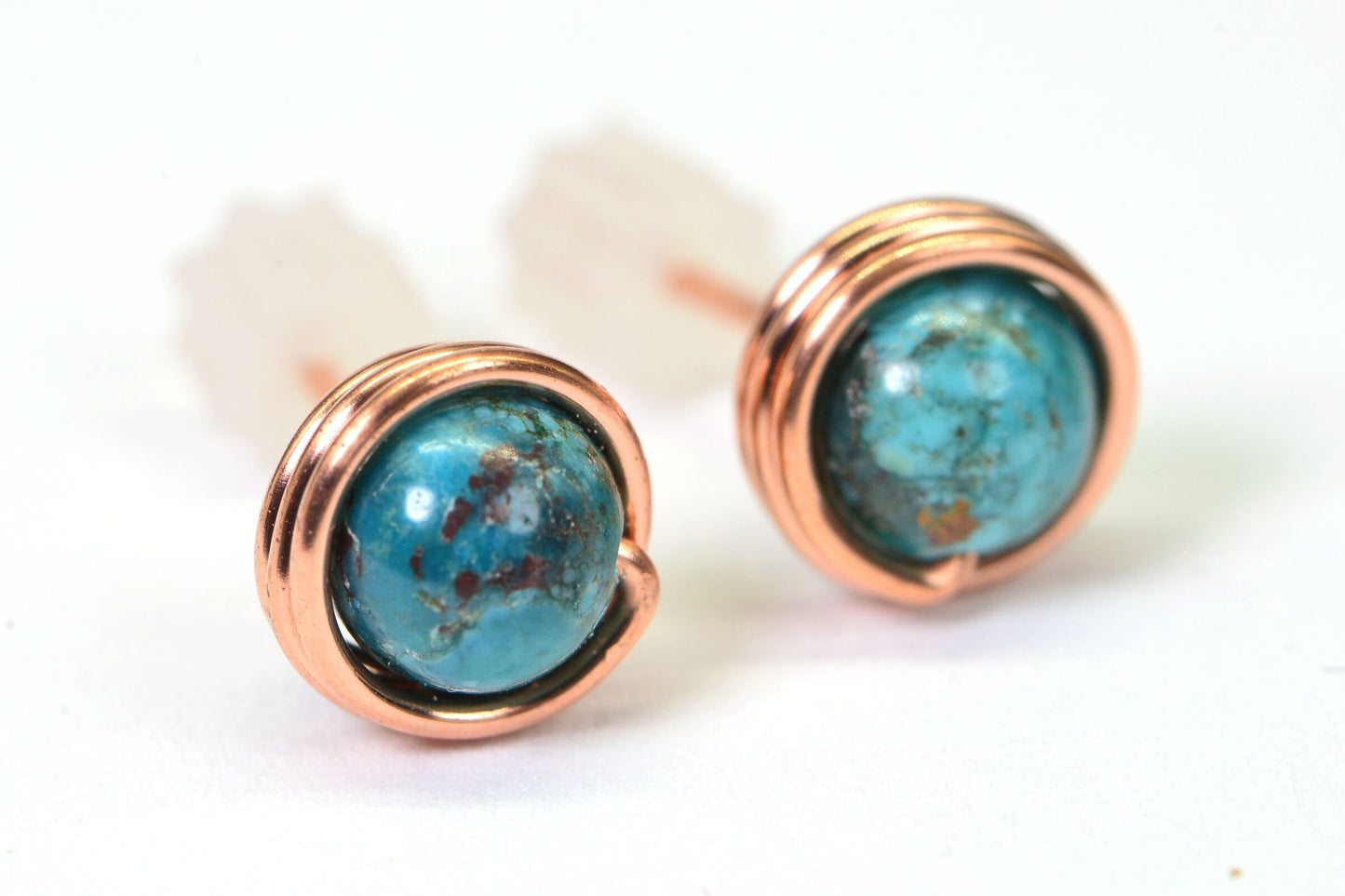 Handmade Carnelian Stud Earrings: Copper Wire Wrapped, 6mm Gemstone