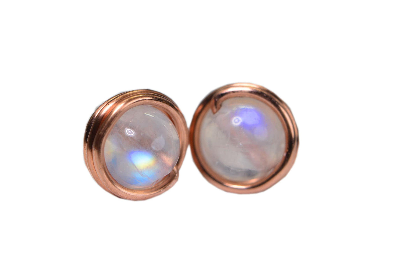 Handmade Copper Wire Wrapped Amber Stud Earrings (8mm)
