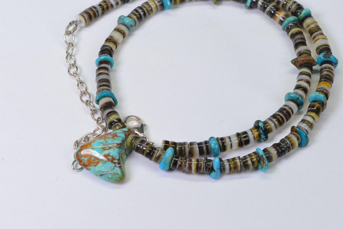 Kingman Turquoise Pendant Necklace: Oyster Shell & Sleeping Beauty Beads