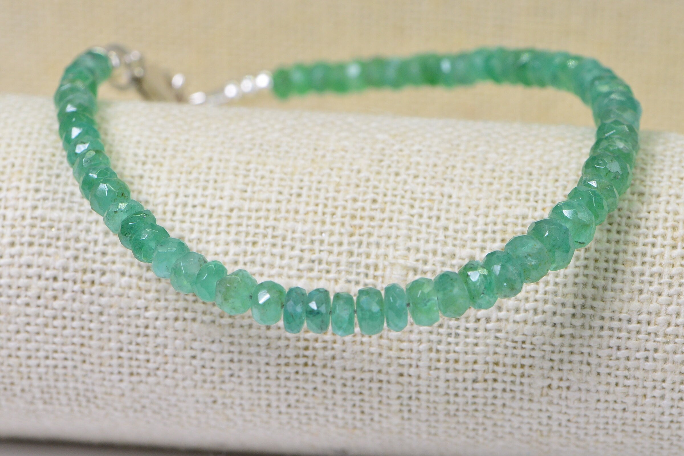 Colombian Emerald Beaded Bracelet: Sterling Silver May Birthstone