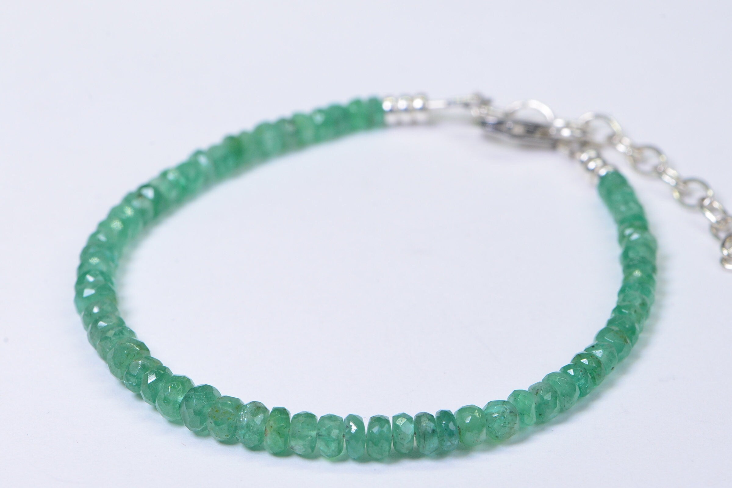 Colombian Emerald Beaded Bracelet: Sterling Silver May Birthstone