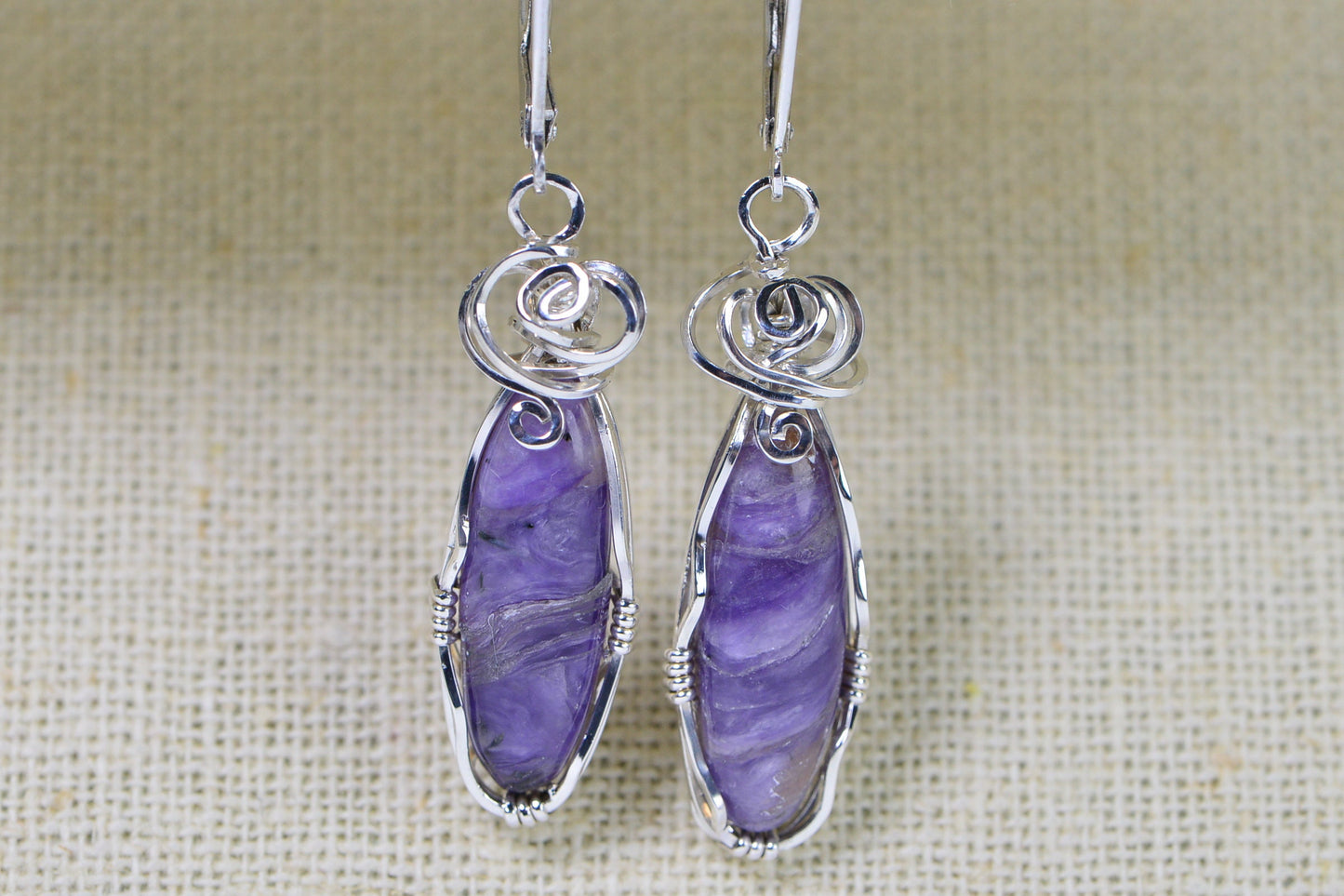 Natural Russian Charoite Earrings Wire Wrapped Sterling Silver Marquise Gemstone Earrings Purple Stone Earrings Christmas Gift For Mother