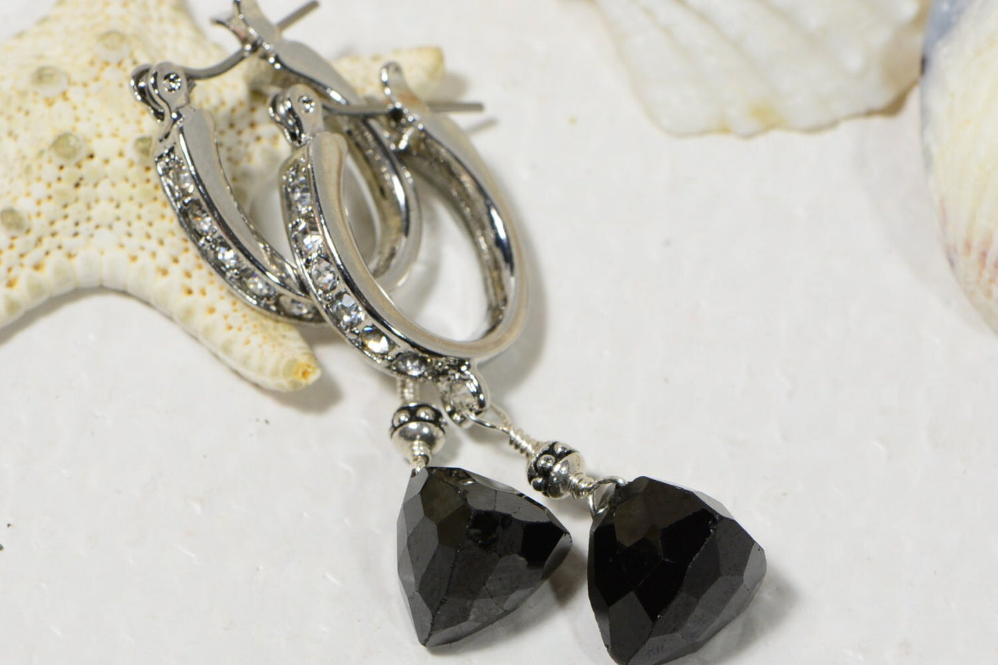 Black Onyx Triangle Earrings, White Gold Plated, Dangle Earrings