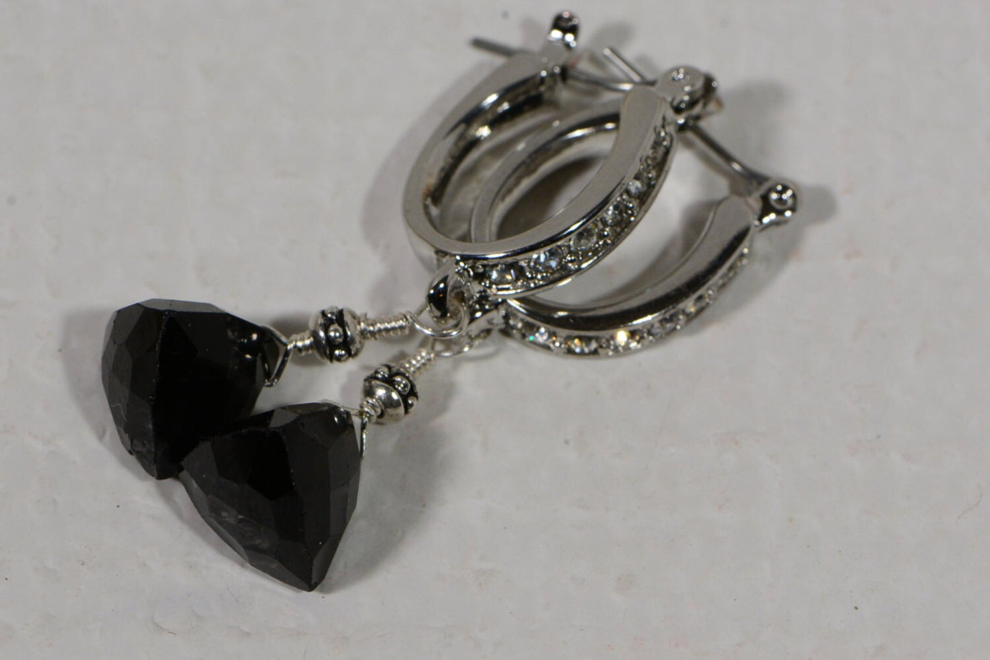 Black Onyx Triangle Earrings, White Gold Plated, Dangle Earrings