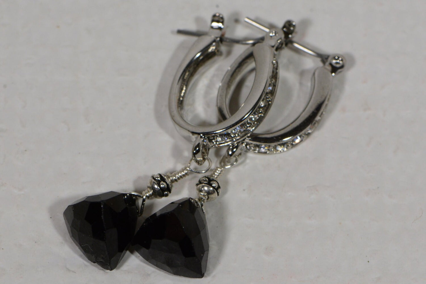 Black Onyx Triangle Earrings, White Gold Plated, Dangle Earrings
