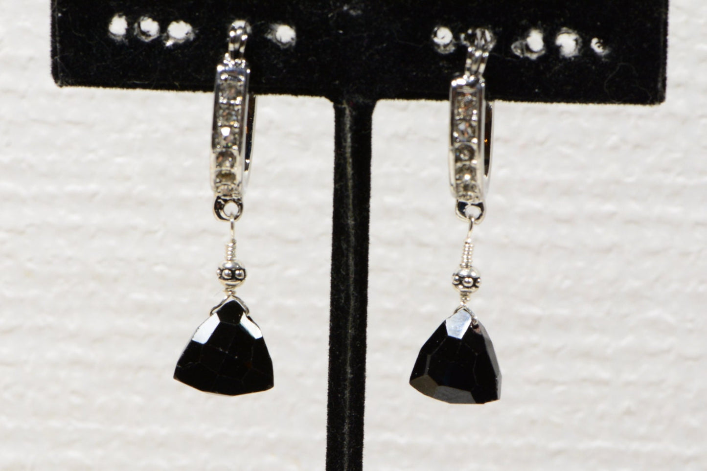 Black Onyx Triangle Earrings, White Gold Plated, Dangle Earrings