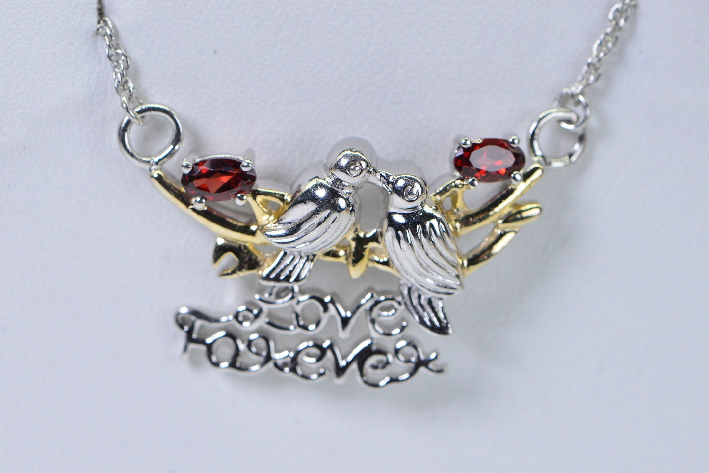 Two Birds Kiss Pendant Necklace Sterling silver and Gold Natural Garnet Necklace