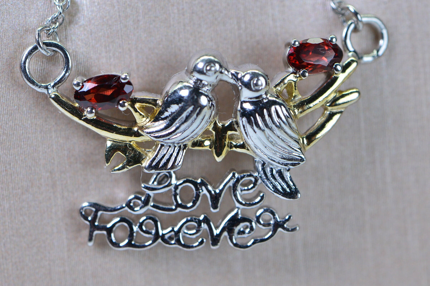 Two Birds Kiss Pendant Necklace Sterling silver and Gold Natural Garnet Necklace