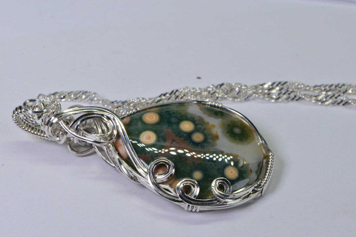 Handmade Ocean Jasper Pendant: Sterling Silver Wire Wrap Jewelry