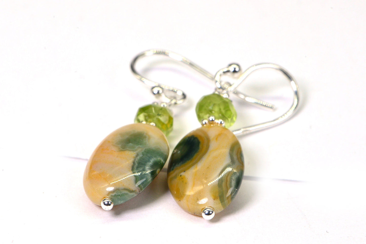 Ocean Jasper Earrings Multi Stone Peridot Jasper Wire Wrapped Sterling Silver