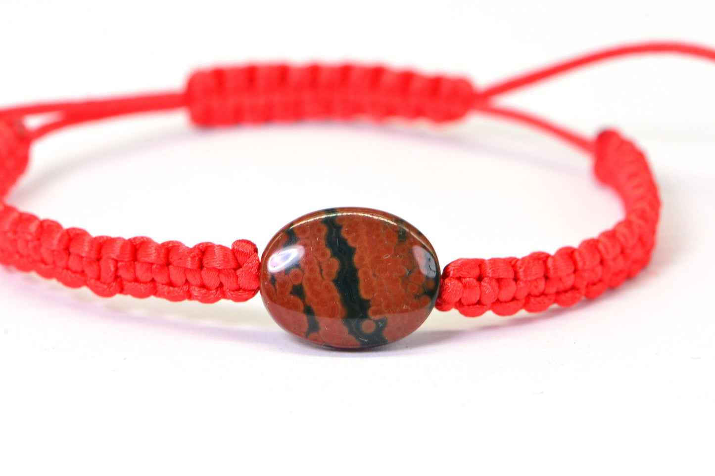 Red Macrame Bracelet: Natural Ocean Jasper Stone, Adjustable Knotted Cord