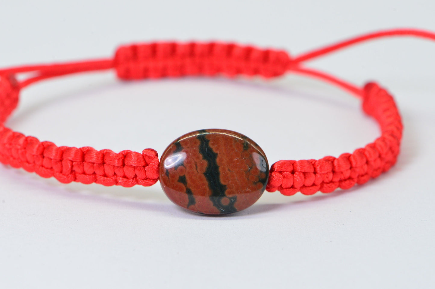 Red Macrame Bracelet: Natural Ocean Jasper Stone, Adjustable Knotted Cord