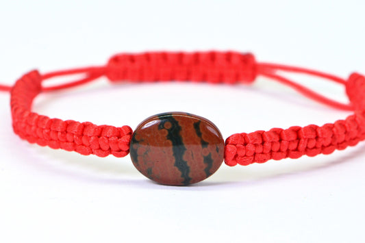 Red Macrame Bracelet: Natural Ocean Jasper Stone, Adjustable Knotted Cord