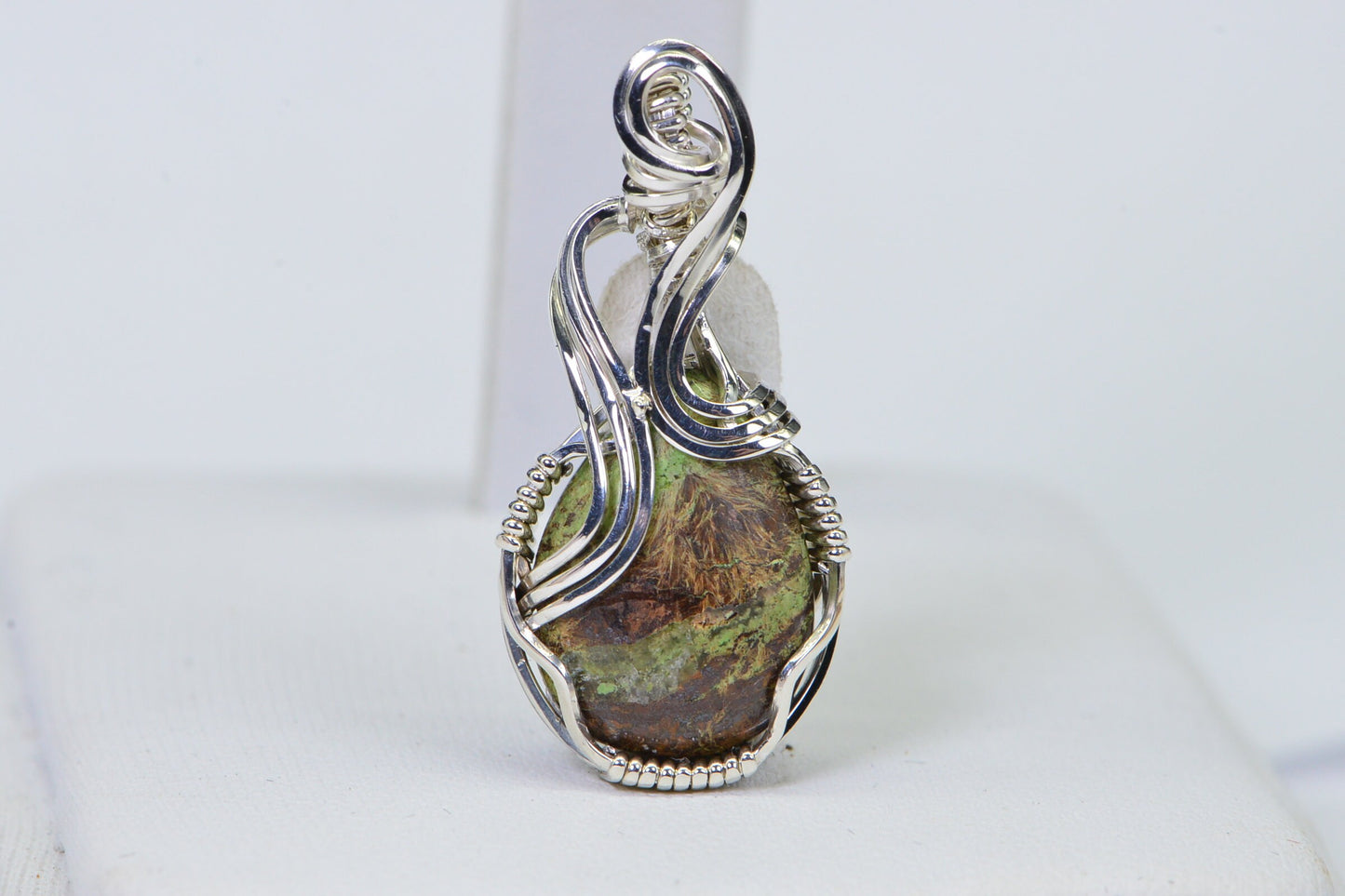 Australian Gaspeite Sterling Silver Pendant Necklace: Wire Wrapped Healing Stone