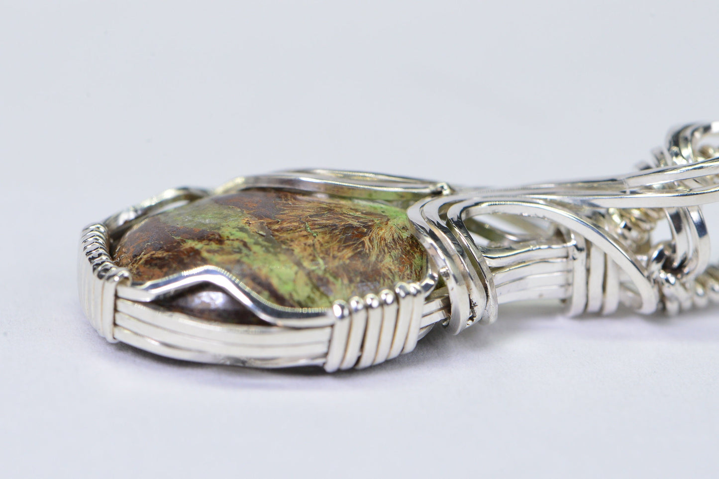 Australian Gaspeite Sterling Silver Pendant Necklace: Wire Wrapped Healing Stone