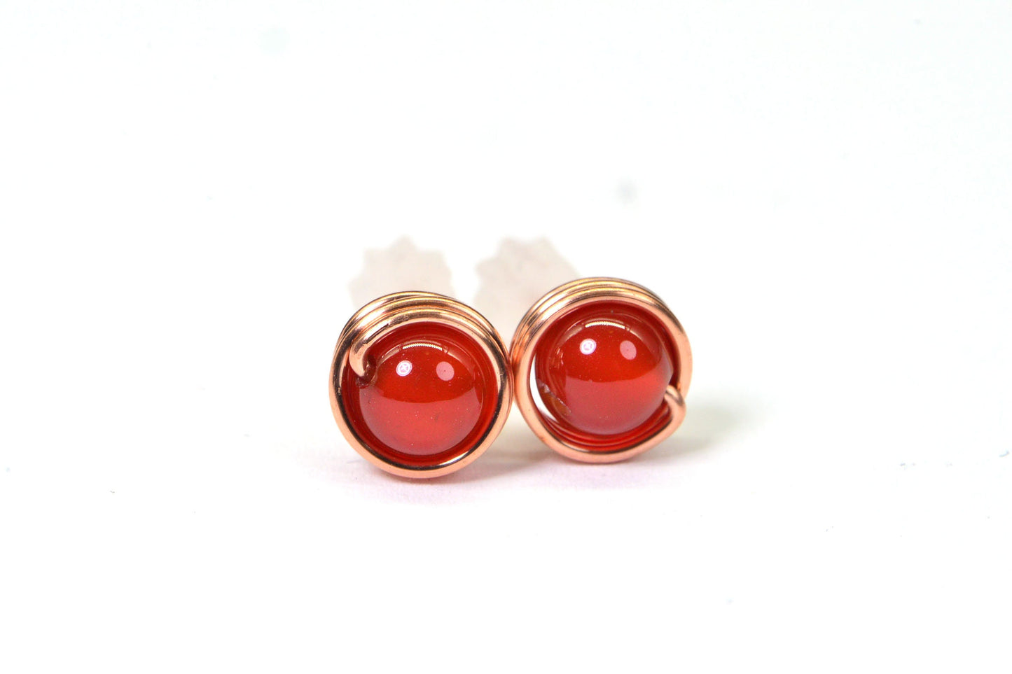 Handmade Carnelian Stud Earrings: Copper Wire Wrapped, 6mm Gemstone