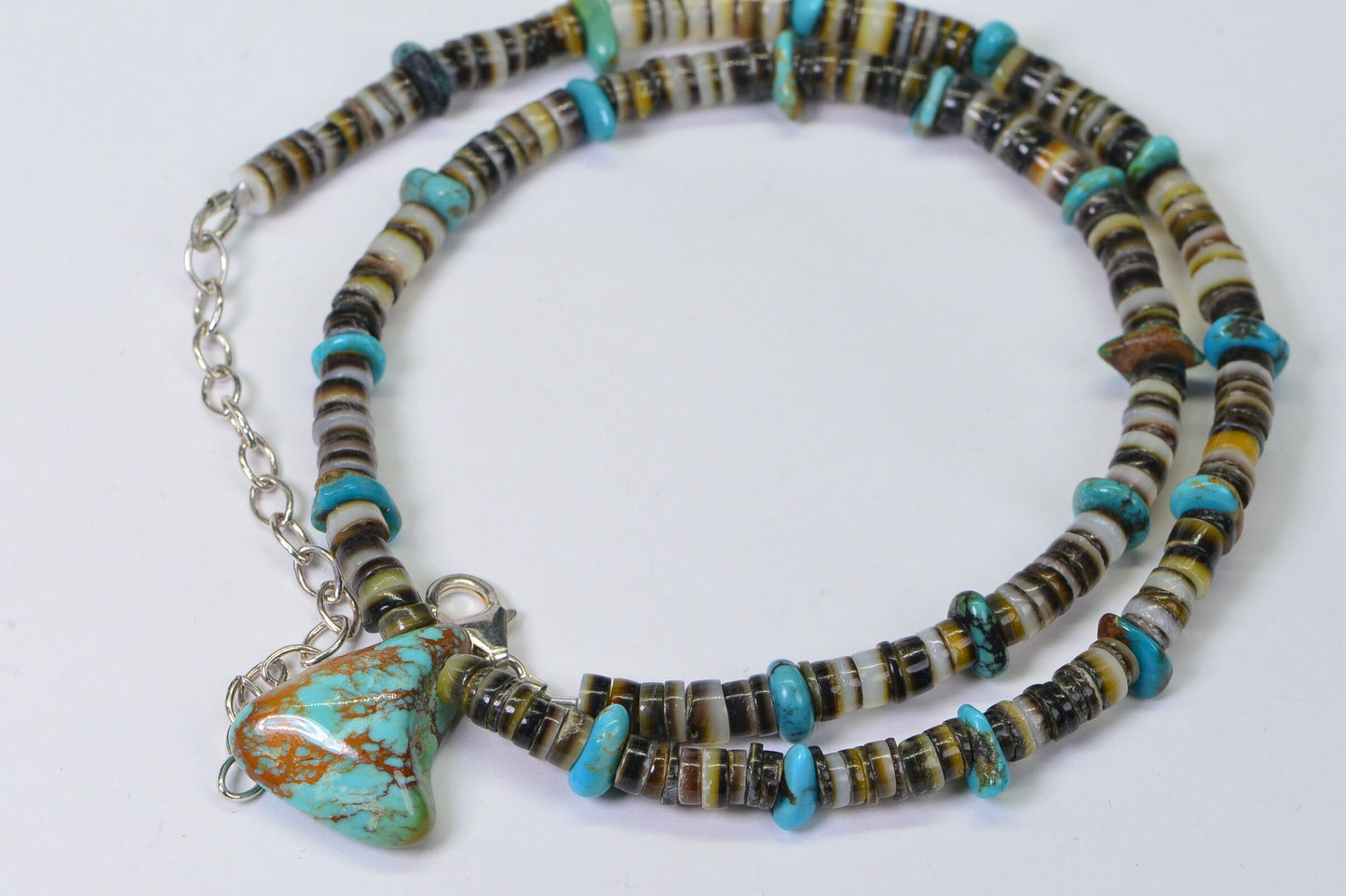 Kingman Turquoise Pendant Necklace: Oyster Shell & Sleeping Beauty Beads