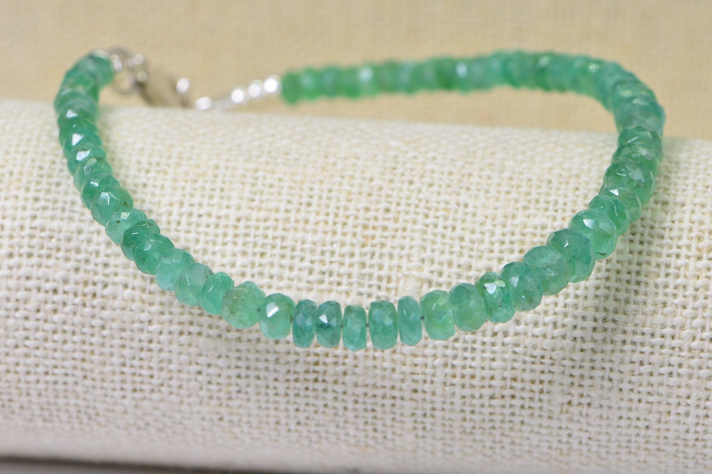 Colombian Emerald Beaded Bracelet: Sterling Silver May Birthstone