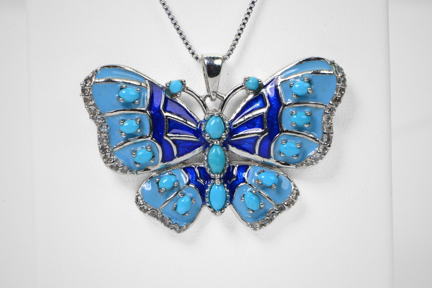 Vintage Sterling Silver Butterfly Pendant: Turquoise & Blue Enamel
