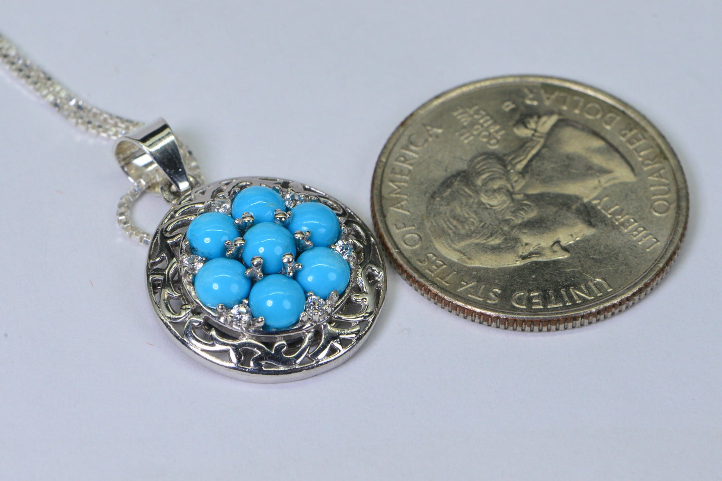 Arizona Sleeping Beauty Turquoise Pendant Cluster  Rhodium Over Sterling Silver Circle Pendant Anniversary Gift